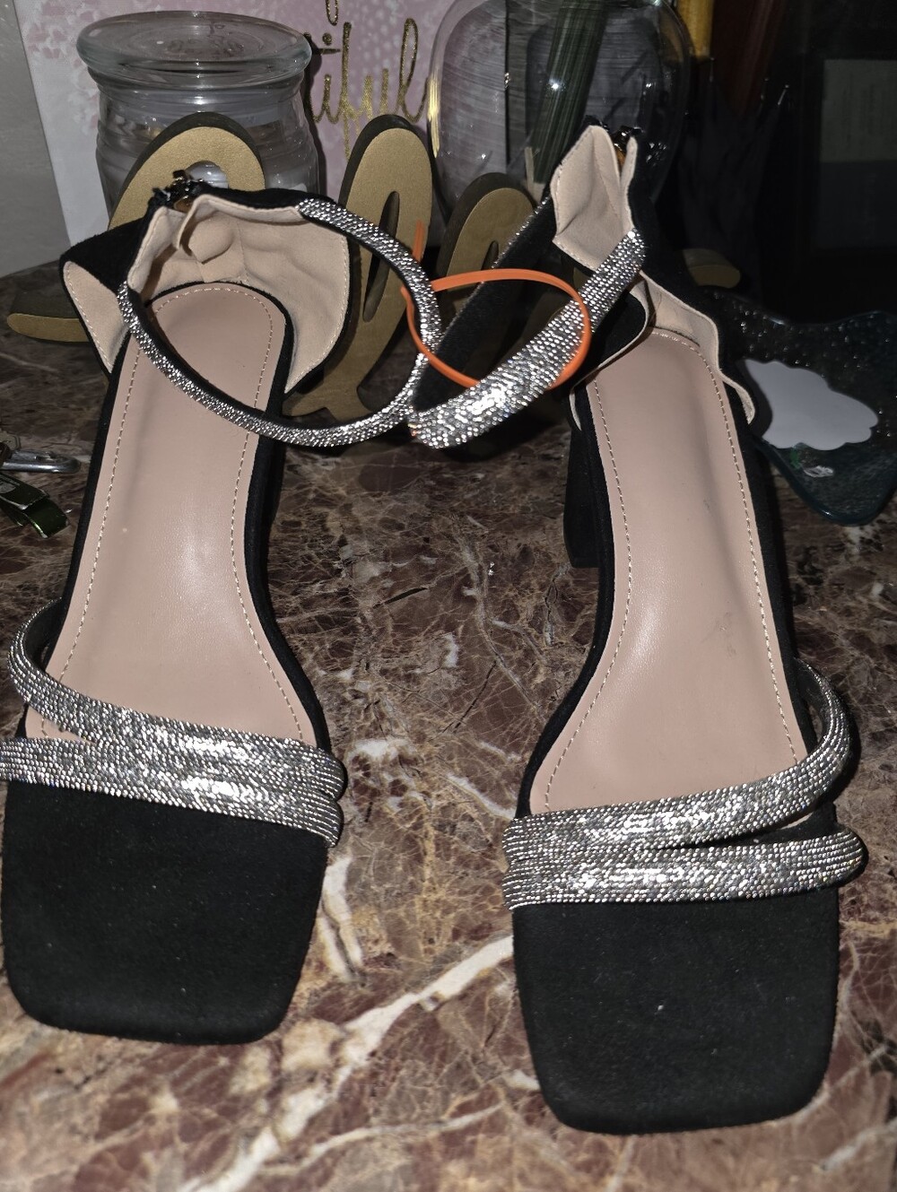Black Sandal Heels with Silver Accent Ankle Strap - Picture 6 of 6